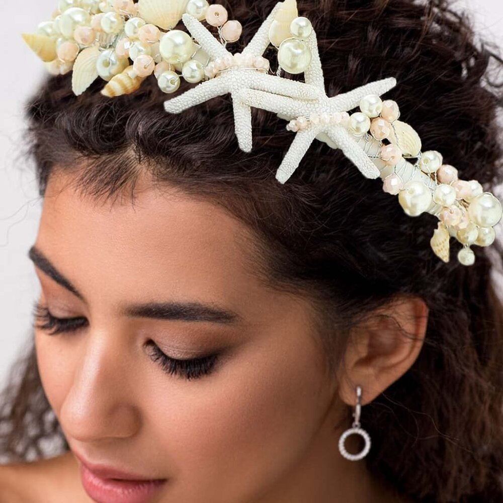 Silver Starfish Headband Silver Pearl Bridal Hair Band Sea Shell Hair Hoop Beach